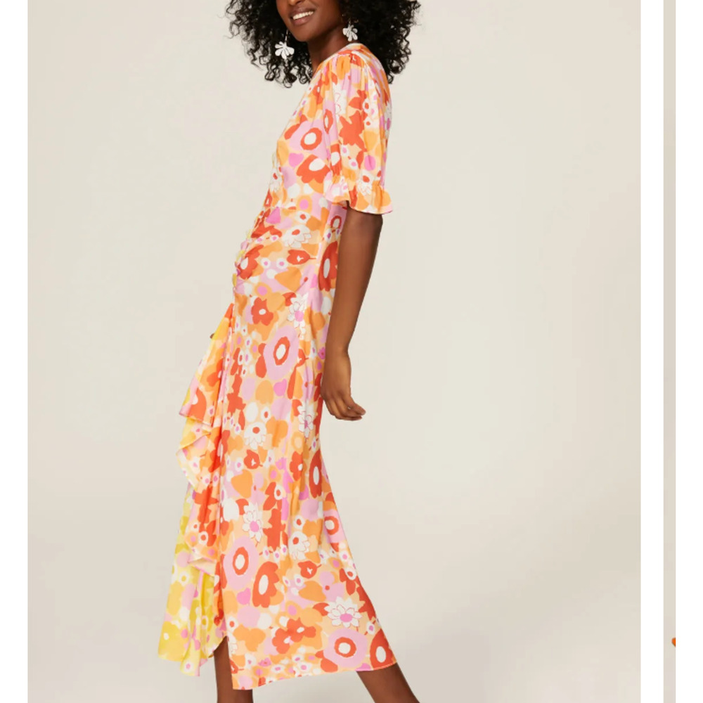 Rixo Whimsical Floral Colorblock Maxi Dress SMALL Ruched Orange Party Fun $420 - Picture 4 of 16
